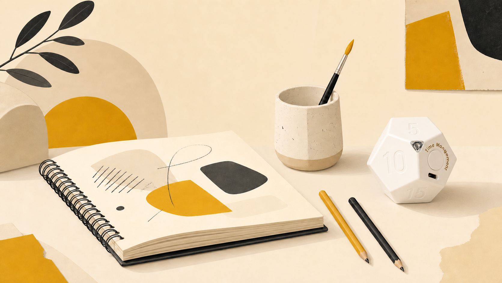 Creative desk with the white Tiltick dodecahedron timer and sketchbook