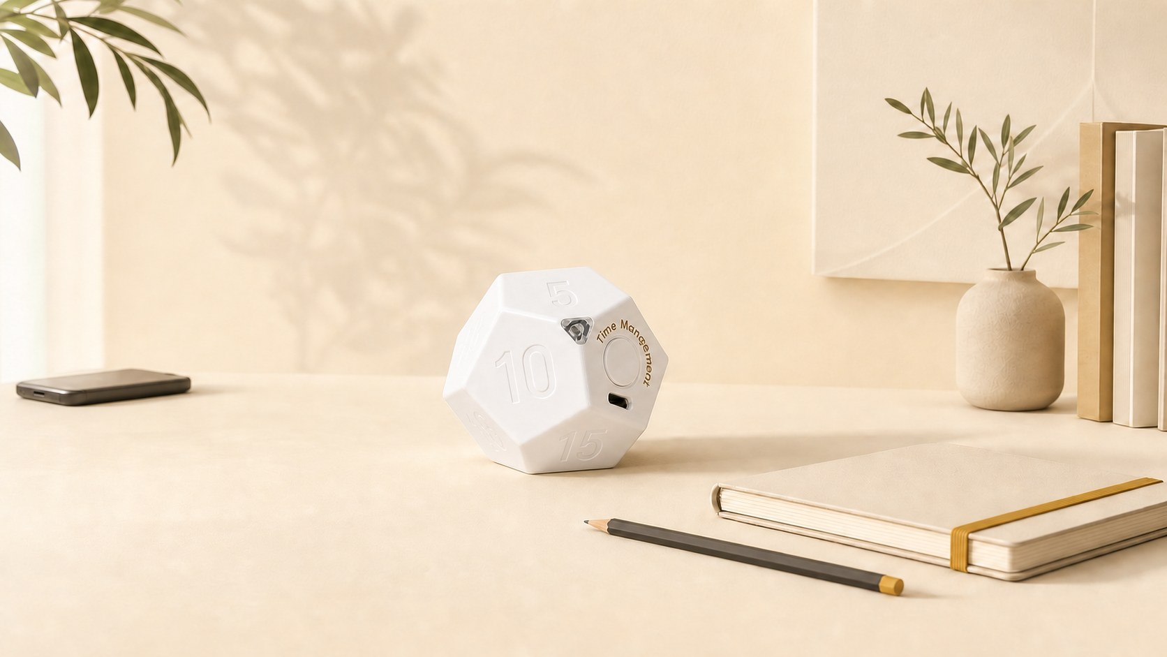 Distraction-free desk with the white Tiltick dodecahedron timer and phone set aside