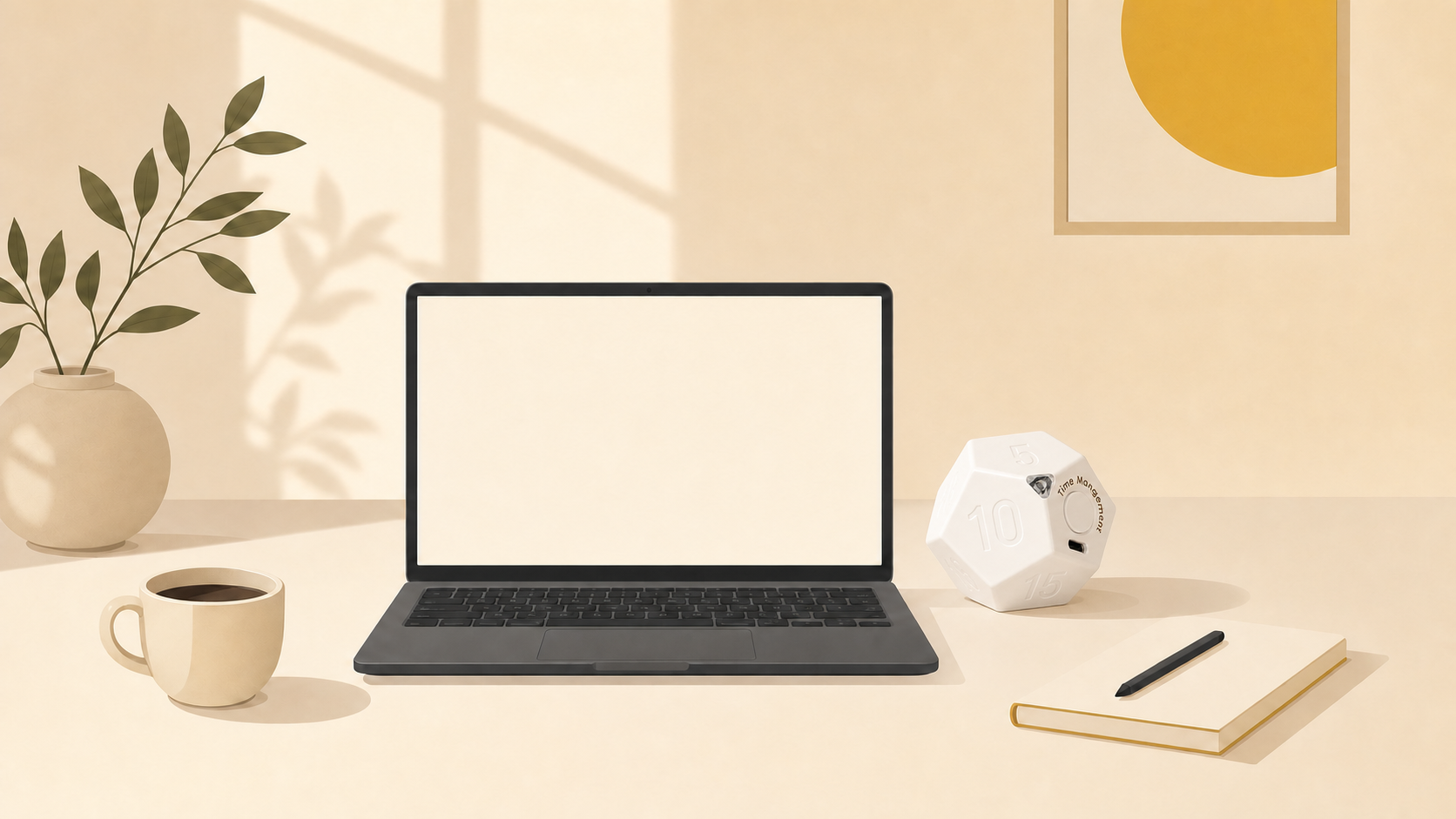 Home office with the white Tiltick dodecahedron timer and laptop