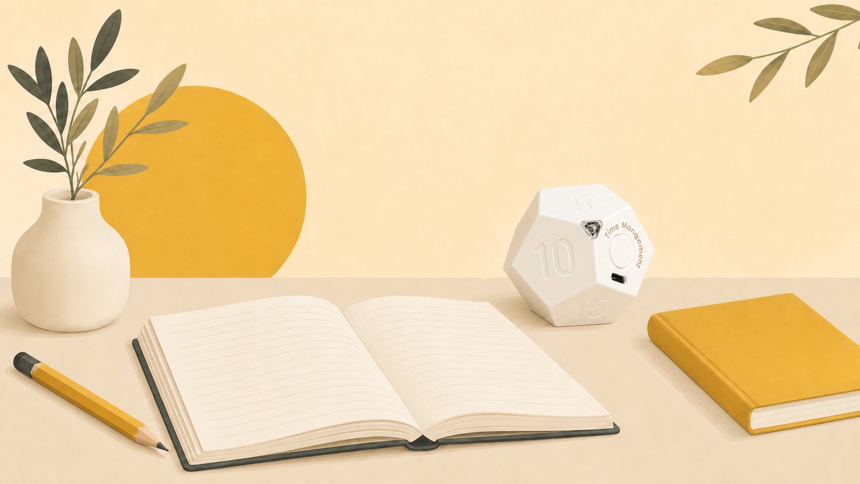 Study desk with the white Tiltick dodecahedron timer, notebook and pencil