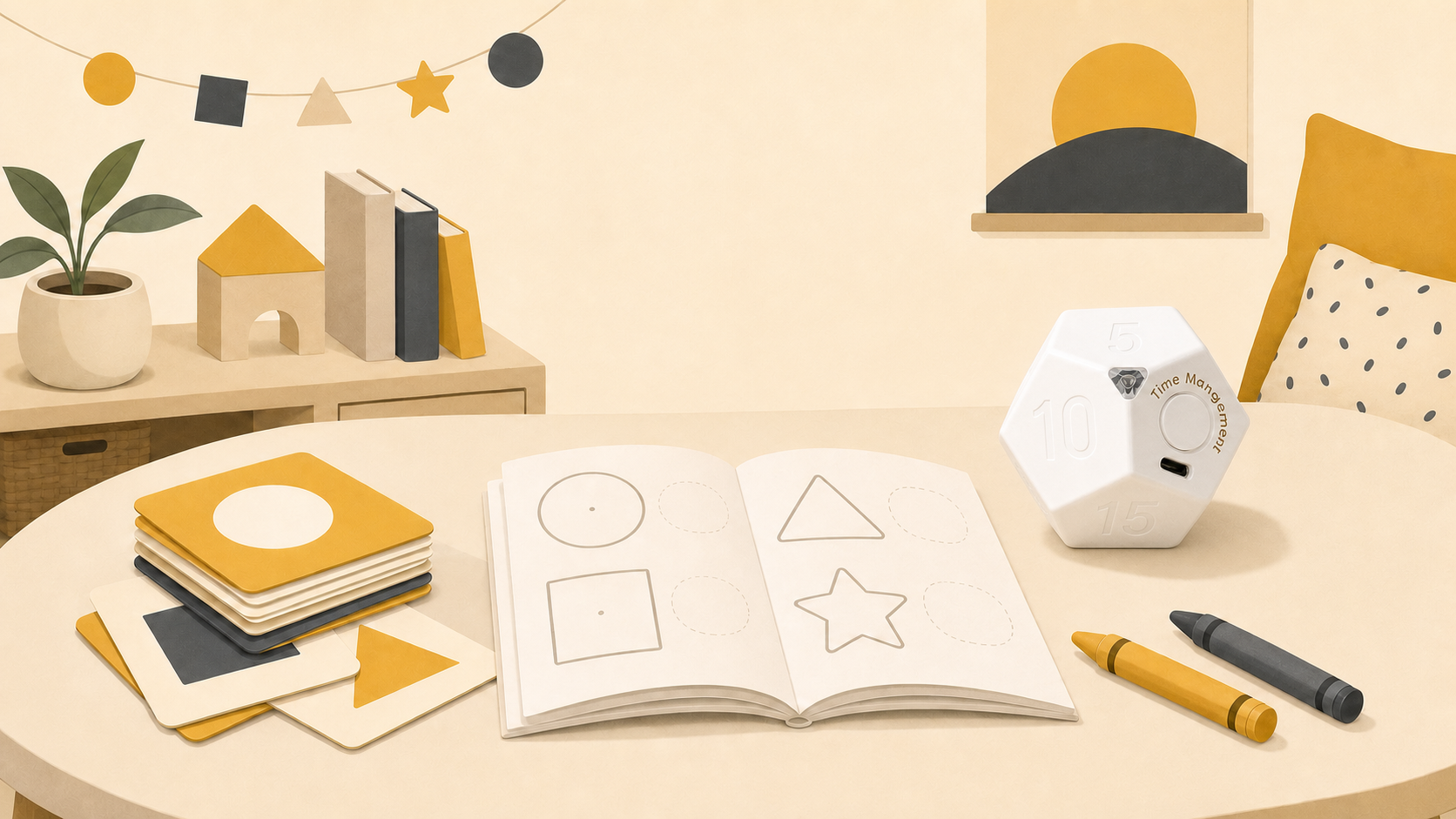Learning table with the white Tiltick dodecahedron timer and activity cards